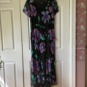 Silk Shift Dipped Hem Dress. Black with Purple Flowers. Size 8